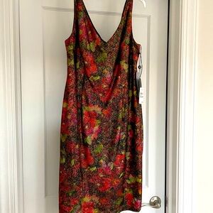 NWT Adrianna Papell Floral Metallic Gold Overlay Cocktail Dress Knee Length 14